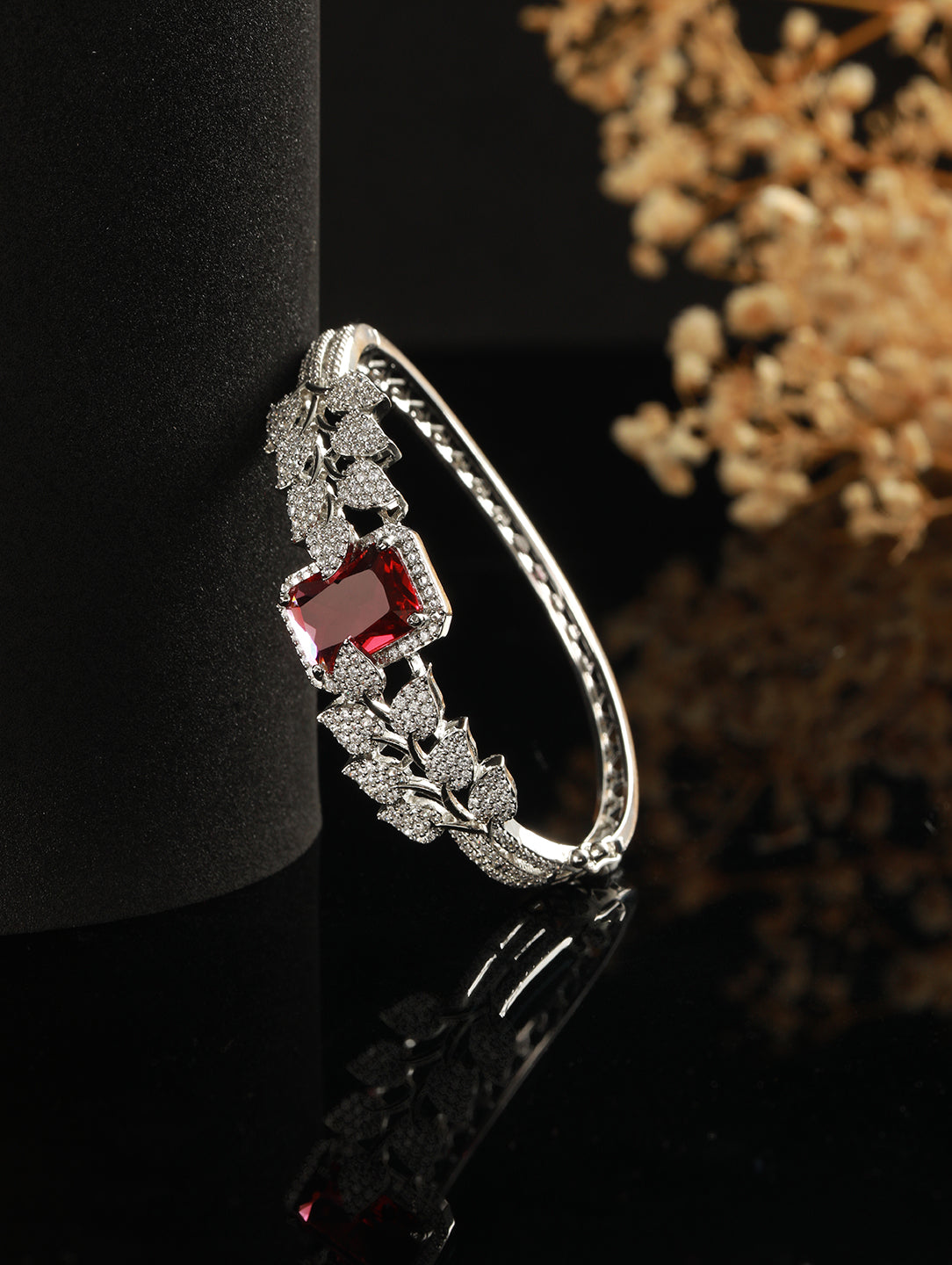 Silver Toned  Red AD Studded Statement Handcrafted Bracelet